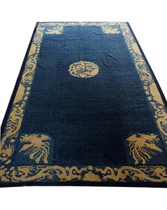 1880s Royal Blue Antique Dragon Greek Key Chinese Peking Qing Dynasty Rug