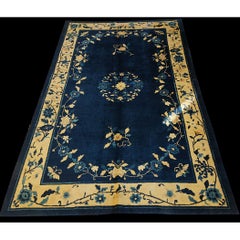 1930s Floral Inlay Antique Open Field Medallion Small Navy Chinese Peking Rug