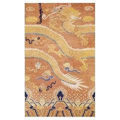 1750s Antique Apricot Imperial Dragon Geometric Chinese Ningxia Small Rug