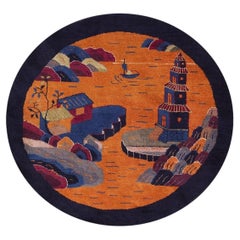 Antiker ovaler chinesischer Art-déco-Teppich aus den 1920er Jahren mit orangefarbener Motivdarstellung