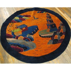Antiker ovaler chinesischer Art-déco-Teppich aus den 1920er Jahren mit orangefarbener Motivdarstellung