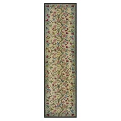 1930s Ivory Green Tree of Life Folk Art American Hooked Hallway Runner Rug