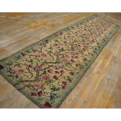 1930s Ivory Green Tree of Life Folk Art American Hooked Hallway Runner Rug