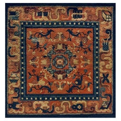 1900s Antique Hand Knotted Floral Medallion Wool Square Yellow Rug