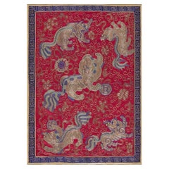 1950s Red Ground Figural Pattern Vintage Silk & Gold Thread Chinese Embroidery