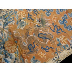 1850s Coral Antique Cloud Band Chinese Dragon Koi Fish Design Silk Textile