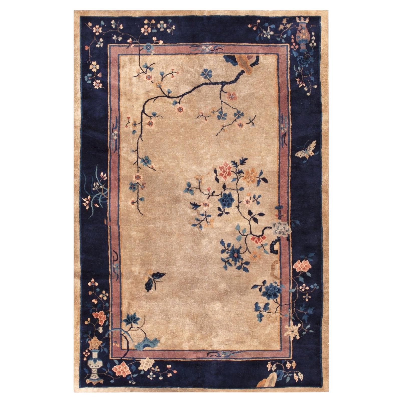1920s Beige Floral Antique Chinese Art Deco Carpet 5'x7'8" Handknotted Wool Rug For Sale
