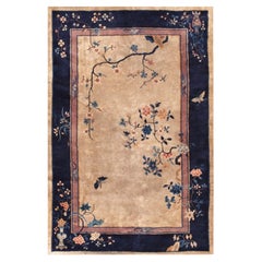 1920s Beige Floral Antique Chinese Art Deco Carpet 5'x7'8" Handknotted Wool Rug