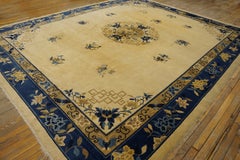 1920s Beige Field Antique Chinese Peking Floral Medallion Oriental Wool Rug