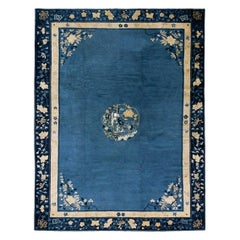 1920s Antique Blue Medallion Oriental Chinese Peking Hand Knotted Rug