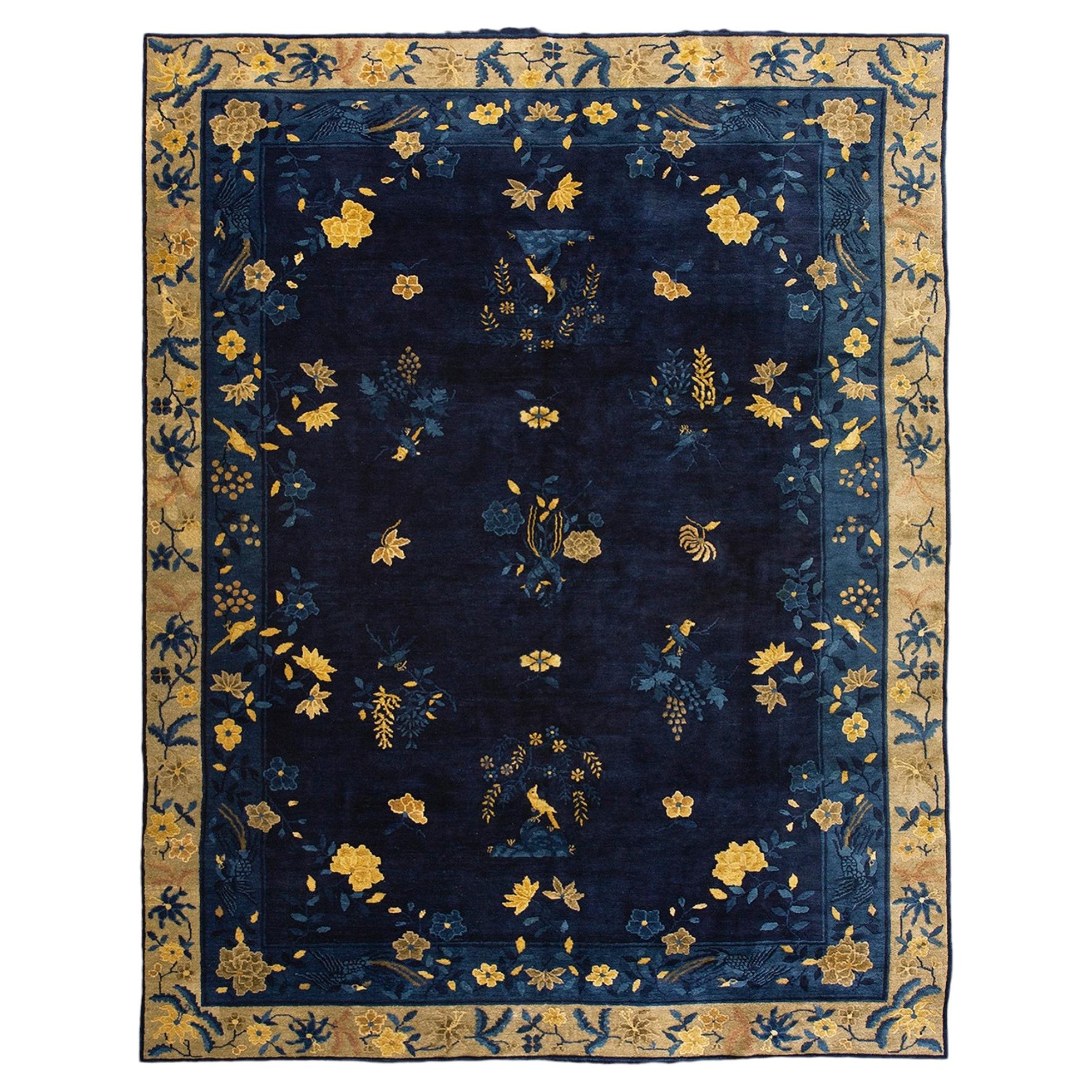 1920s Blue Navy Floral Deco Antique Chinese Peking Rug Handknotted Wool For Sale