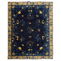 1920s Blue Navy Floral Deco Antique Chinese Peking Rug Handknotted Wool