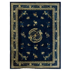 1890s Blue Ground Scattered Floral Sprays Antique Chinese Peking Knotted Rug