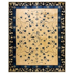 1900s Beige Background Color with Floral Design Antique Chinese Peking Rug