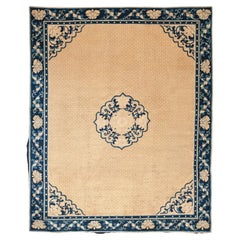 1890s Light Cream Antique Mid 19th Century Floral Medallion Chinese Ningxia Rug
