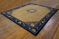 1890s Light Cream Antique Mid 19th Century Floral Medallion Chinese Ningxia Rug
