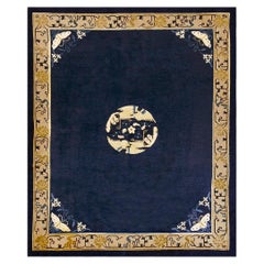1920s Navy Blue Field Antique Floral Medallion Hand Knotted Chinese Peking Rug