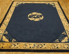 1920s Navy Blue Field Antique Floral Medallion Hand Knotted Chinese Peking Rug