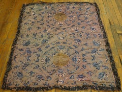 1850s Antique Chinese Floral Square Coral Textile Art Flat Weave Rug