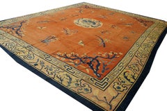 1870s Coral Medallion Antique Chinese Peking Carpet 12'4"x14'6" Knotted Wool Rug
