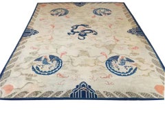 1880s Ivory Blue Coral Antique Traditional Chinese Peking Dragon Rug Wool Carpet