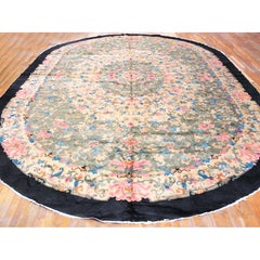 1930 Green Colorful Antique Chinese Peking Rug Large Oval Wool Carpet