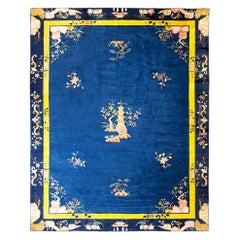 1930s Blue Vintage Chinese Art Deco Hand Knotted Rug 12'3" x 15'4"