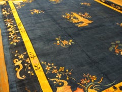 1930s Blue Vintage Chinese Art Deco Hand Knotted Rug 12'3" x 15'4"