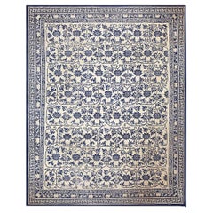 1890s Ivory Background Geometric Blue Floral Design Antique Chinese Peking Rug