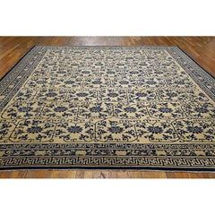 1890s Ivory Background Geometric Blue Floral Design Antique Chinese Peking Rug