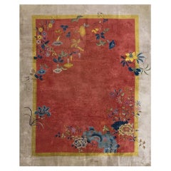 1920s Orange Floral Modern Antique Chinese Art Deco Handknotted Wool Rug