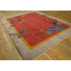 1920s Orange Floral Modern Antique Chinese Art Deco Handknotted Wool Rug