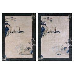 1920s Pair of Scenic Pictorial Antique Ivory Antique Chinese Art Deco Carpets