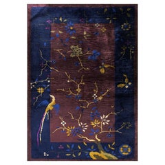 1920s Purple Bold Tree Bird Of Paradise Pattern Small Antique Chinese Deco Rug