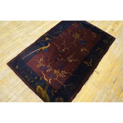 1920s Purple Bold Tree Bird Of Paradise Pattern Small Antique Chinese Deco Rug