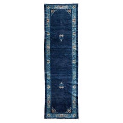 1920s Traditional Navy Blue Open Field Antique Chinese Peking Runner Rug