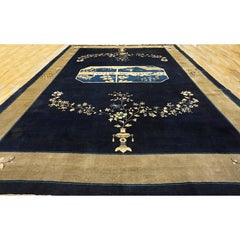 1920s Navy Blue Antique Chinese Painterly Peking Knotted Large Oversized Big Rug