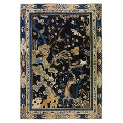 1920s Antique Navy Blue Deco Classical Chinese Garden Scene Peking Room Size Rug