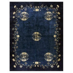 1920s Antique Blue Navy Traditional Floral Birds Chinese Peking Wool Rug