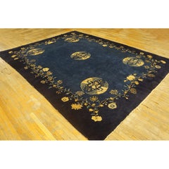 1920s Antique Blue Navy Traditional Floral Birds Chinese Peking Wool Rug