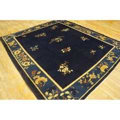 1920s Floral Chinese Square Peking Antique Navy Blue Allover Knotted Wool Rug