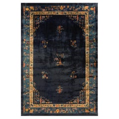 1920s Antique Chinese Art Deco Wool Floral Manchester Blue Hand Knotted Rug