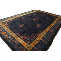 1920s Antique Chinese Art Deco Wool Floral Manchester Blue Hand Knotted Rug