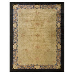 1920s Beige Open Field Floral Antique Chinese Peking Knotted Wool Room Size Rug