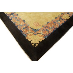 1920s Beige Open Field Floral Antique Chinese Peking Knotted Wool Room Size Rug