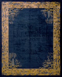 1920s Navy Open Field With Traditional Motif Repertoire of Chinese Peking Rug