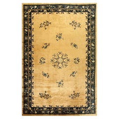 1920s Beige Floral Deco Oriental Antique Peking Room Size Wool Knotted Rug