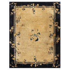 1920s Beige Cream Antique Floral Vase Deco Chinese Peking Knotted Wool Rug