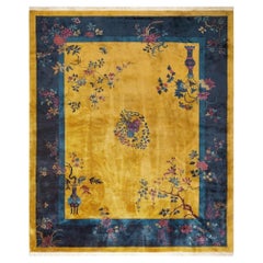 1920s Antique Chinese Floral Art Deco Wool Manchester Yellow Hand Knotted Rug