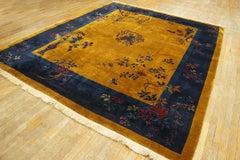 1920s Antique Chinese Floral Art Deco Wool Manchester Yellow Hand Knotted Rug
